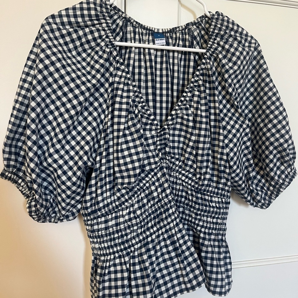 Navy Gingham Puff Sleeve Blouse
